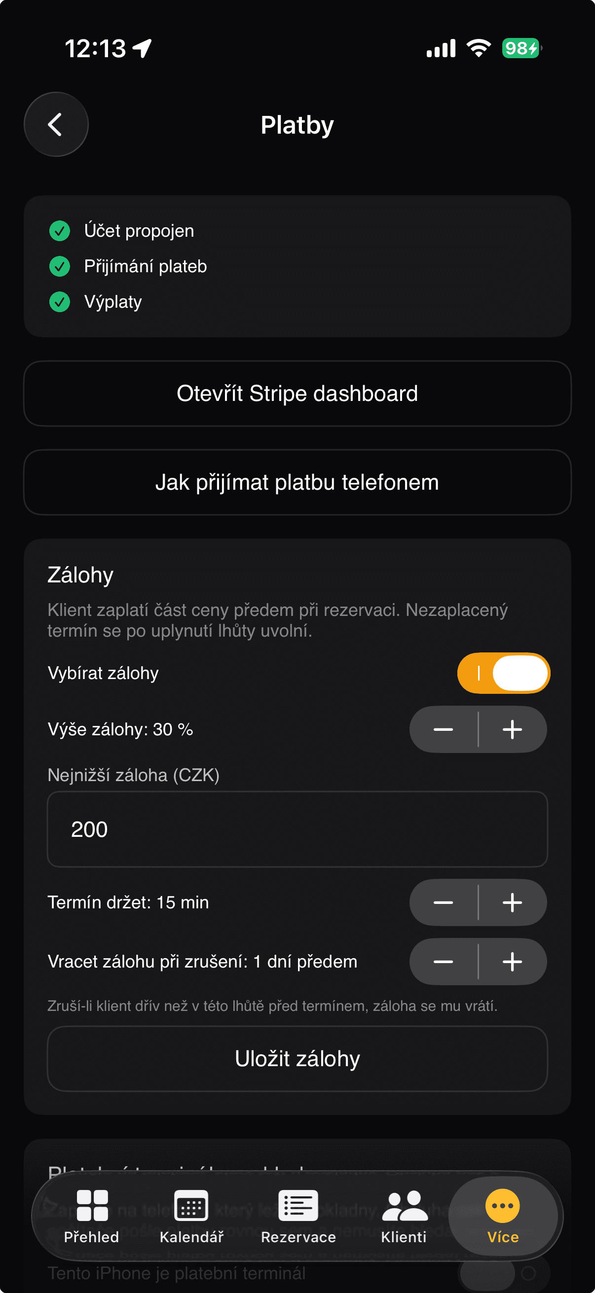 Nastavení plateb v aplikaci — propojený účet, zálohy a platební terminál