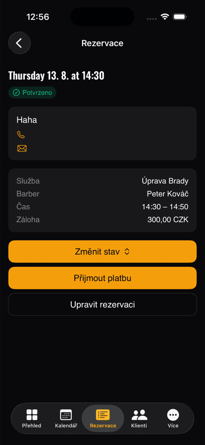 Detail rezervace s tlačítkem Přijmout platbu